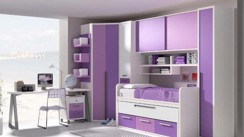 Pieza de pared con cama nido, somier extraíble, cajones y armarios, ideal para habitaciones infantiles alargadas, acabado resistente y fácil de limpiar