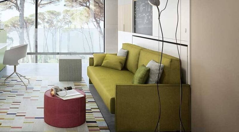 Mueble cama horizontal con sofá y armarios