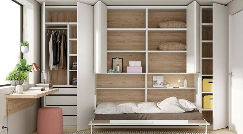 Cama abatible individual con estantes y armario arriba - Imagen 3