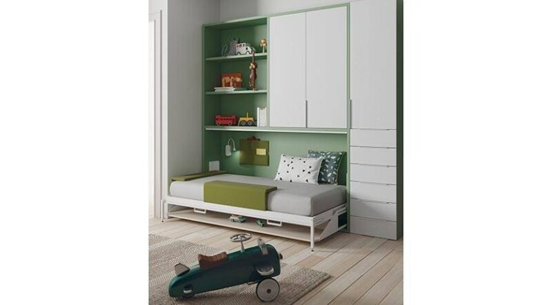 Mueble cama abatible con mesa delante y armarios arriba - Imagen 3