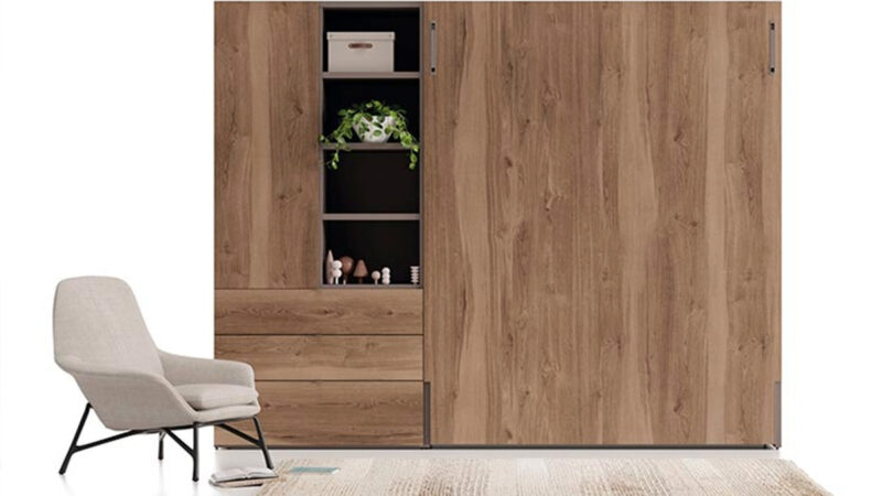 Cama abatible de diseño inteligente con acabado en madera o colores lisos que se oculta en la pared