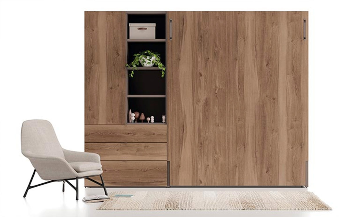 Cama abatible de diseño inteligente con acabado en madera o colores lisos que se oculta en la pared