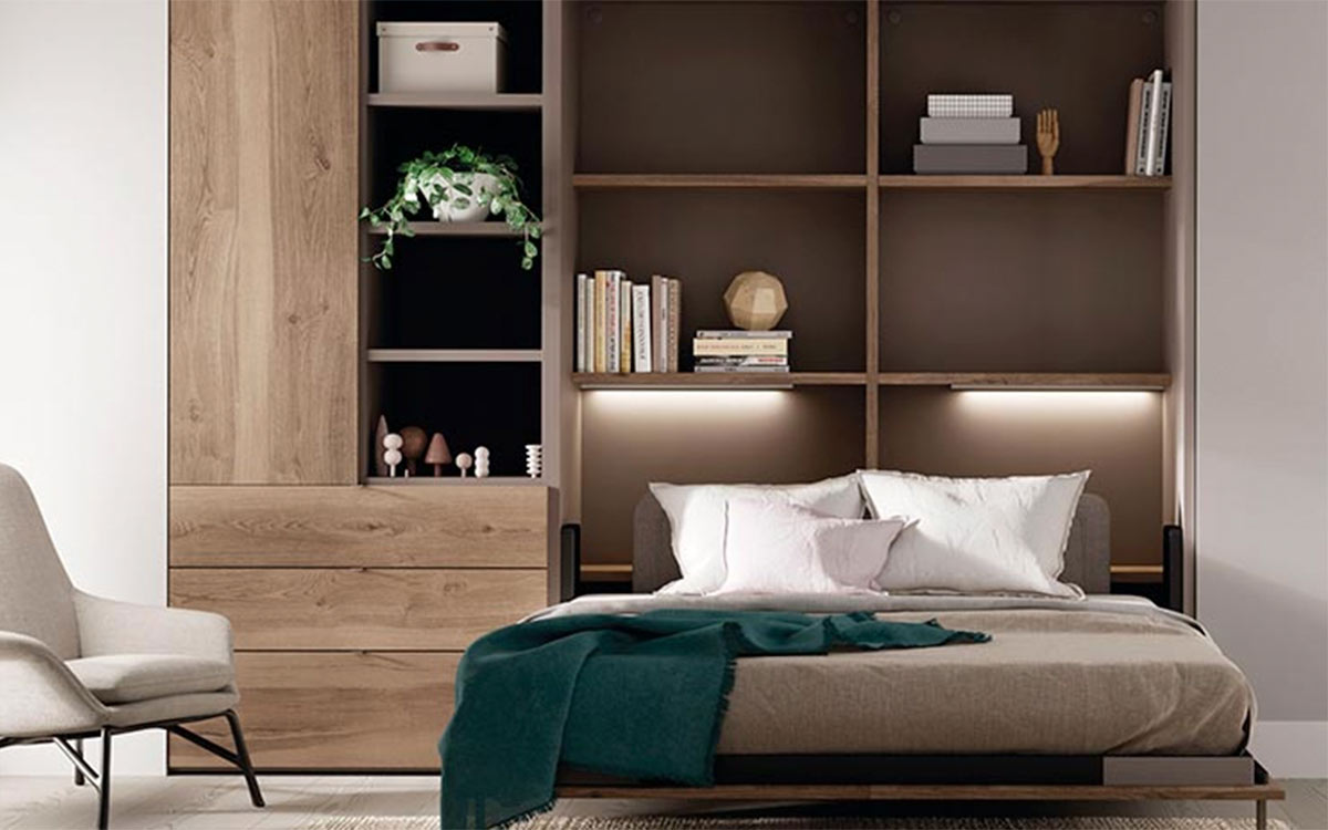 Cama abatible de diseño inteligente con acabado en madera o colores lisos que se oculta en la pared