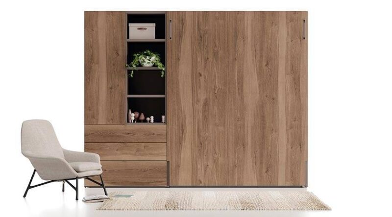 Aspecto exterior de armario con estantes y cajones, Mueble con cama de matrimonio abatible.