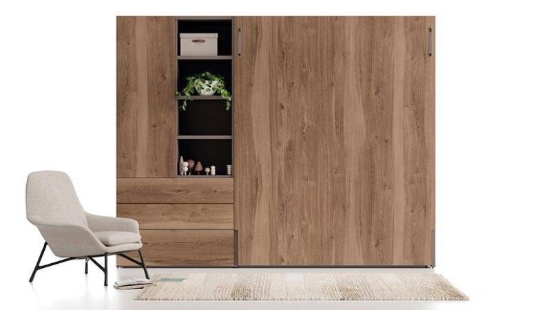 Aspecto exterior de armario con estantes y cajones, Mueble con cama de matrimonio abatible.