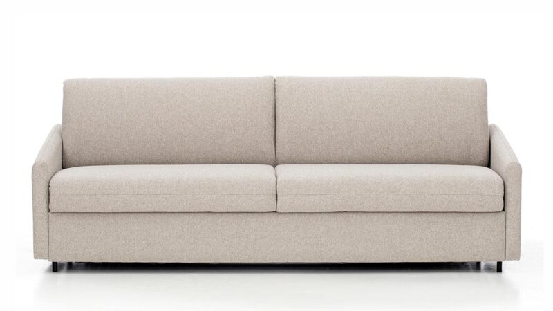 Sofá cama horizontal de matrimonio, apertura paralela, colchón HR, ideal para habitaciones pequeñas y uso diario. Diseño frontal.