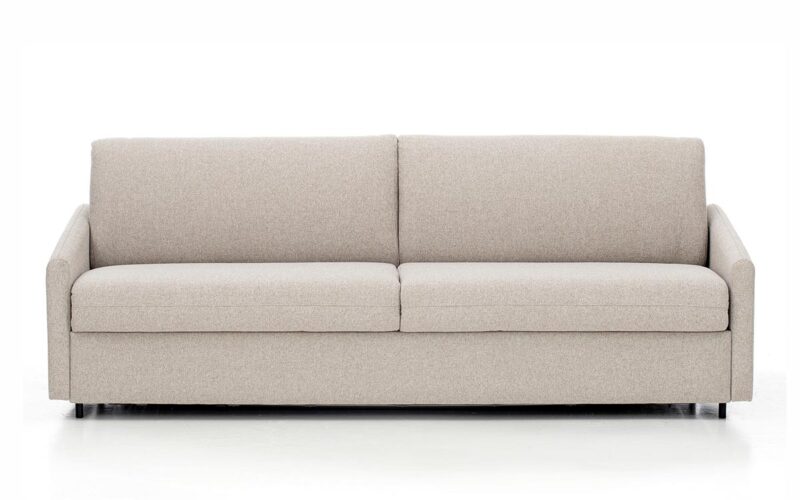 Sofá cama horizontal de matrimonio, apertura paralela, colchón HR, ideal para habitaciones pequeñas y uso diario. Diseño frontal.