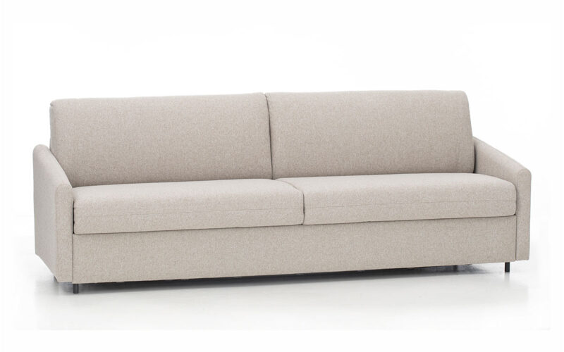 Sofá cama horizontal de matrimonio, apertura paralela, colchón HR, ideal para habitaciones pequeñas y uso diario. Diseño con perspectiva.