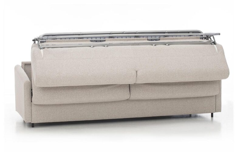 Sofá cama horizontal de matrimonio, apertura paralela, colchón HR, ideal para habitaciones pequeñas y uso diario. Diseño medio abierto.