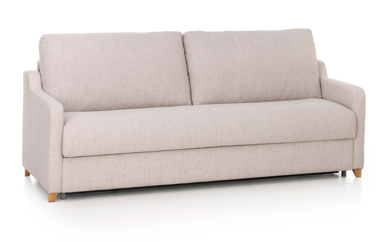 Sofá cama horizontal de 140x190 cm, apertura paralela a la pared, colchón HR de alta densidad, ideal para habitaciones estrechas, fácil apertura sin quitar almohadones, diseño compacto y resistente. Diseño con perspectiva.