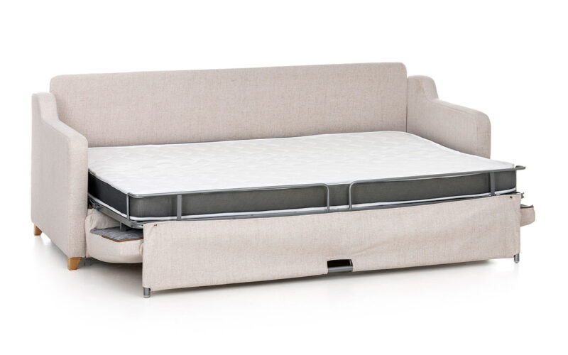 Sofá cama horizontal de 140x190 cm, apertura paralela a la pared, colchón HR de alta densidad, ideal para habitaciones estrechas, fácil apertura sin quitar almohadones, diseño compacto y resistente. Diseño abierto.