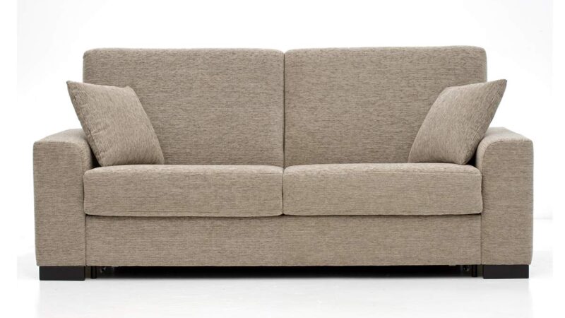 Sofá cama 140x190 cm con colchón de látex, viscoelástico o muelles, estructura metálica de alta resistencia. Fácil apertura italiana sin mover almohadones. Diseño frontal.