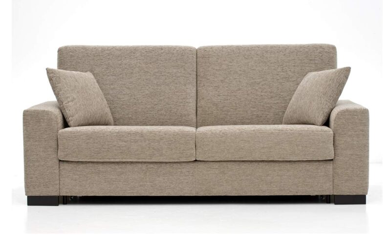 Sofá cama 140x190 cm con colchón de látex, viscoelástico o muelles, estructura metálica de alta resistencia. Fácil apertura italiana sin mover almohadones. Diseño frontal.