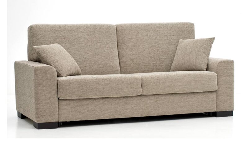 Sofá cama 140x190 cm con colchón de látex, viscoelástico o muelles, estructura metálica de alta resistencia. Fácil apertura italiana sin mover almohadones. Diseño con perspectiva.