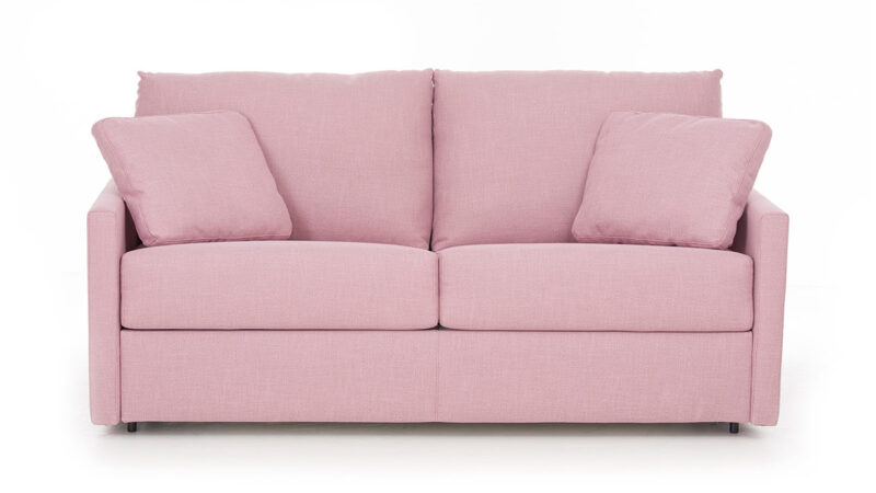 Sofá cama de 140x190 cm, diseño compacto con brazos estrechos y respaldo blando, colchón HR o látex, fácil apertura, ideal para uso diario y ahorro de espacio. Diseño frontal.