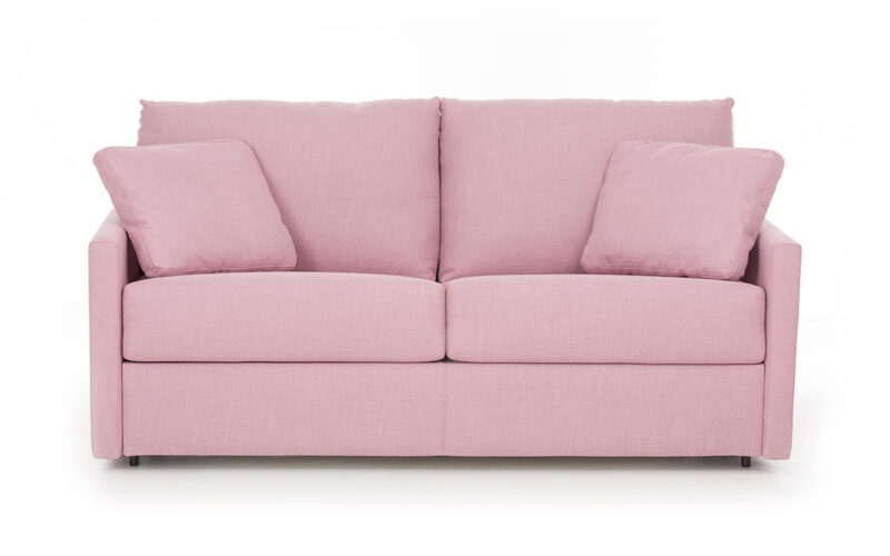 Sofá cama de 140x190 cm, diseño compacto con brazos estrechos y respaldo blando, colchón HR o látex, fácil apertura, ideal para uso diario y ahorro de espacio. Diseño frontal.