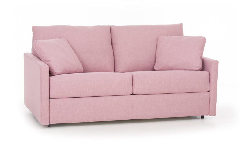 Sofá cama de 140x190 cm, diseño compacto con brazos estrechos y respaldo blando, colchón HR o látex, fácil apertura, ideal para uso diario y ahorro de espacio. Diseño con perspectiva.