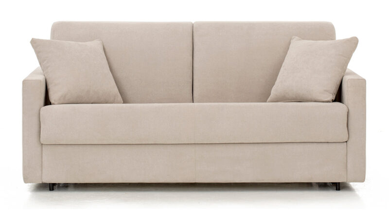 Sofá cama compacto con brazo estrecho, ideal para espacios pequeños, colchón de látex o HR de alta densidad, apertura italiana fácil sin mover cojines y opción desenfundable, apto para dormir. Diseño frontal.