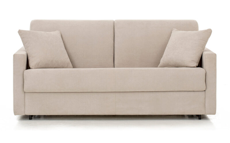 Sofá cama compacto con brazo estrecho, ideal para espacios pequeños, colchón de látex o HR de alta densidad, apertura italiana fácil sin mover cojines y opción desenfundable, apto para dormir. Diseño frontal.