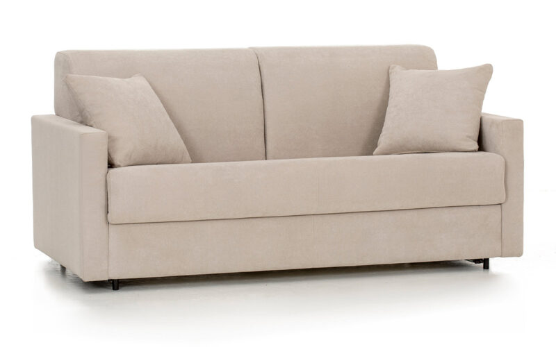 Sofá cama compacto con brazo estrecho, ideal para espacios pequeños, colchón de látex o HR de alta densidad, apertura italiana fácil sin mover cojines y opción desenfundable, apto para dormir. Diseño con perspectiva.