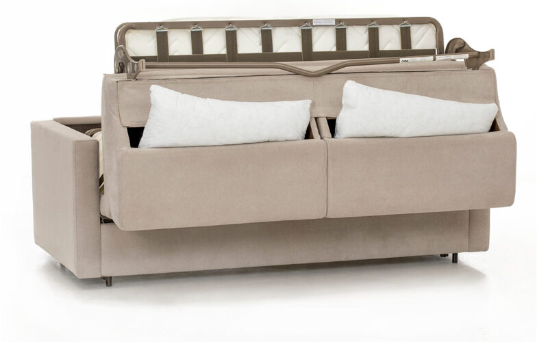 Sofá cama compacto con brazo estrecho, ideal para espacios pequeños, colchón de látex o HR de alta densidad, apertura italiana fácil sin mover cojines y opción desenfundable, apto para dormir. Diseño medio abierto.