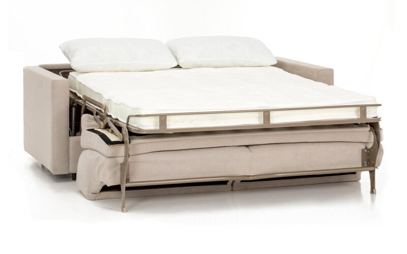 Sofá cama compacto con brazo estrecho, ideal para espacios pequeños, colchón de látex o HR de alta densidad, apertura italiana fácil sin mover cojines y opción desenfundable, apto para dormir. Diseño abierto.