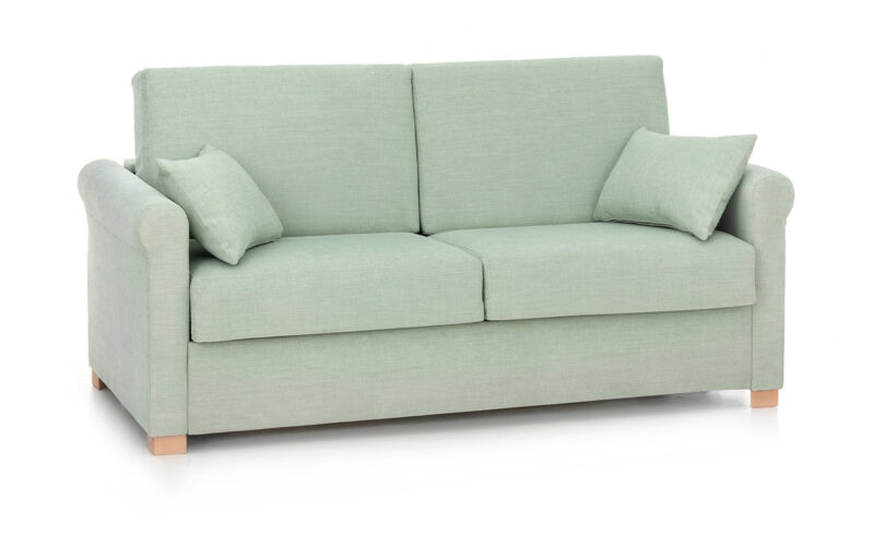 Sofá cama compacto de diseño clásico, colchón HR de 140x190 cm, ideal para salones pequeños, fácil apertura sin mover almohadones, ahorro de espacio. Diseño con perspectiva.