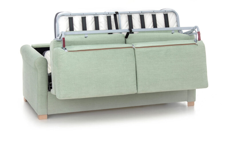 Sofá cama compacto de diseño clásico, colchón HR de 140x190 cm, ideal para salones pequeños, fácil apertura sin mover almohadones, ahorro de espacio. Diseño medio abierto.