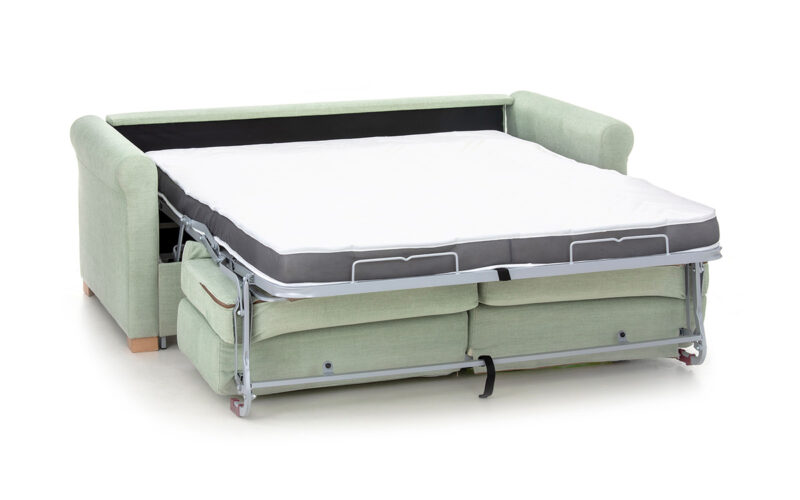 Sofá cama compacto de diseño clásico, colchón HR de 140x190 cm, ideal para salones pequeños, fácil apertura sin mover almohadones, ahorro de espacio. Diseño abierto.