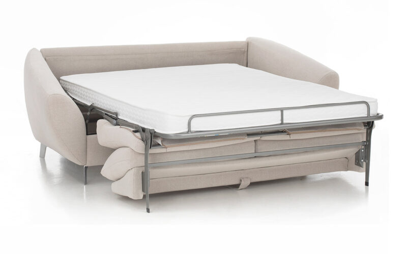 Sofá cama con diseño único, colchón HR o viscoelástico de 140x200 cm, fácil apertura, ideal para dormir a diario, disponible en varias tapicerías. Diseño abierto.