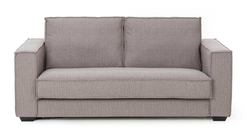 Sofá cama moderno con pestañas, somier plano de 140x200 cm, colchón viscoelástico de alta calidad, fácil apertura italiana, diseño minimalista y perfecto para uso diario en espacios modernos. Diseño frontal.