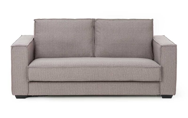 Sofá cama moderno con pestañas, somier plano de 140x200 cm, colchón viscoelástico de alta calidad, fácil apertura italiana, diseño minimalista y perfecto para uso diario en espacios modernos. Diseño frontal.