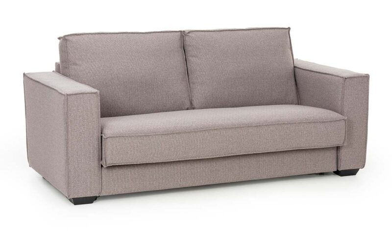 Sofá cama moderno con pestañas, somier plano de 140x200 cm, colchón viscoelástico de alta calidad, fácil apertura italiana, diseño minimalista y perfecto para uso diario en espacios modernos. Diseño con perspectiva.