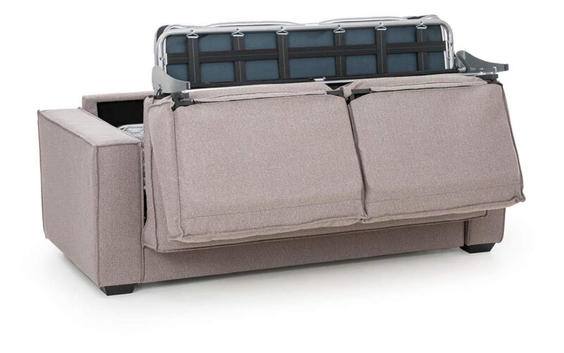 Sofá cama moderno con pestañas, somier plano de 140x200 cm, colchón viscoelástico de alta calidad, fácil apertura italiana, diseño minimalista y perfecto para uso diario en espacios modernos. Diseño medio abierto.