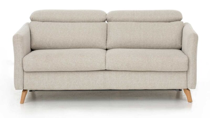 Sofá cama nórdico de 140x200 cm, cabecero regulable, colchón HR, fácil apertura con sistema italiano, estructura metálica y madera, ideal para confort diario. Diseño frontal.