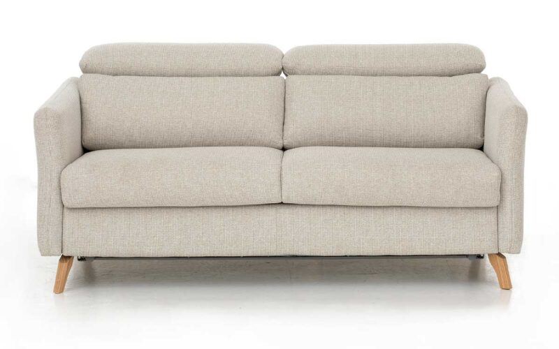 Sofá cama nórdico de 140x200 cm, cabecero regulable, colchón HR, fácil apertura con sistema italiano, estructura metálica y madera, ideal para confort diario. Diseño frontal.