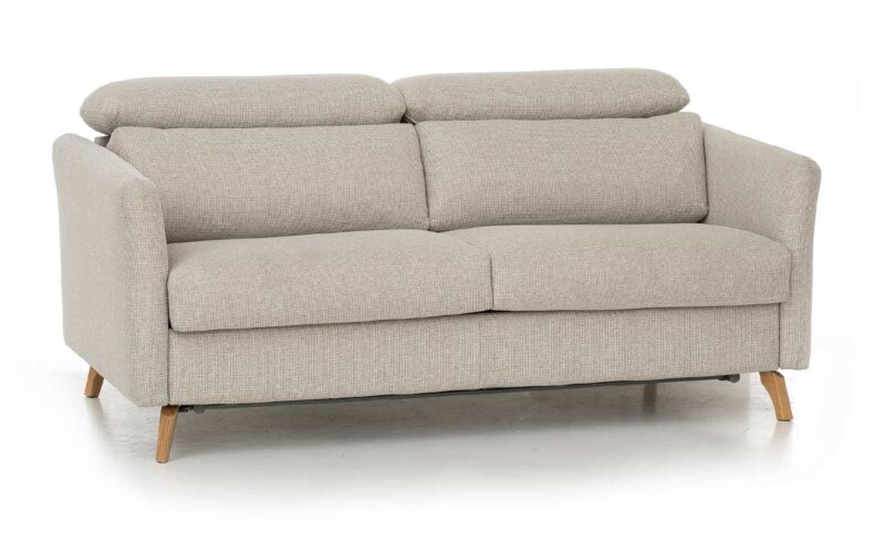 Sofá cama nórdico de 140x200 cm, cabecero regulable, colchón HR, fácil apertura con sistema italiano, estructura metálica y madera, ideal para confort diario. Diseño con perspectiva.