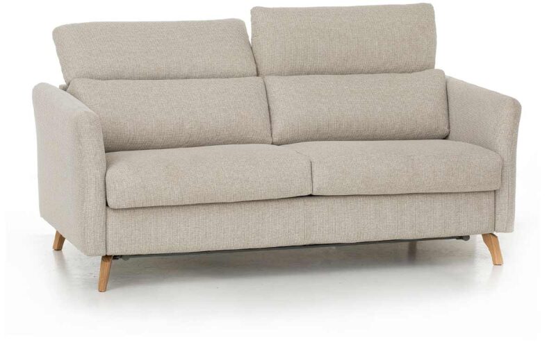 Sofá cama nórdico de 140x200 cm, cabecero regulable, colchón HR, fácil apertura con sistema italiano, estructura metálica y madera, ideal para confort diario. Diseño con perspectiva medio abierto.