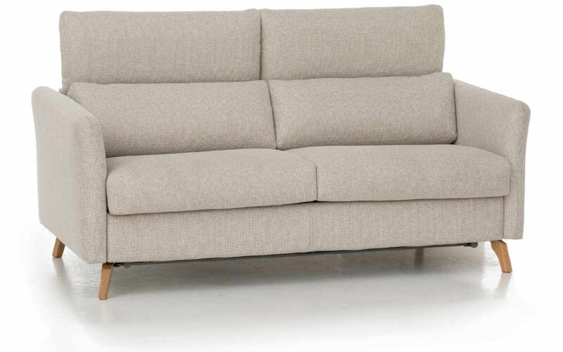 Sofá cama nórdico de 140x200 cm, cabecero regulable, colchón HR, fácil apertura con sistema italiano, estructura metálica y madera, ideal para confort diario. Diseño con perspectiva abierto.