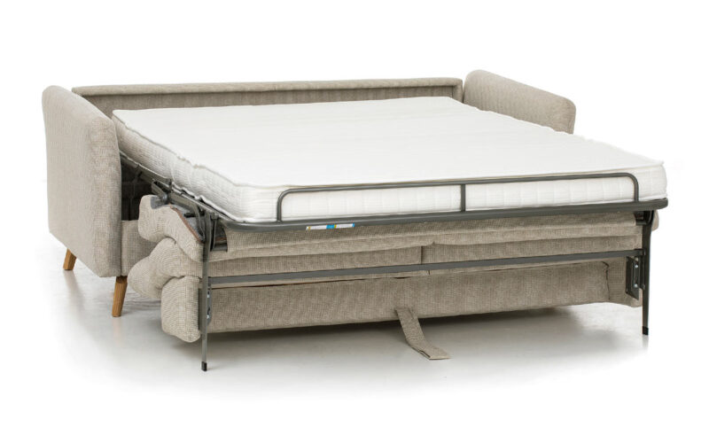 Sofá cama nórdico de 140x200 cm, cabecero regulable, colchón HR, fácil apertura con sistema italiano, estructura metálica y madera, ideal para confort diario. Diseño abierto.