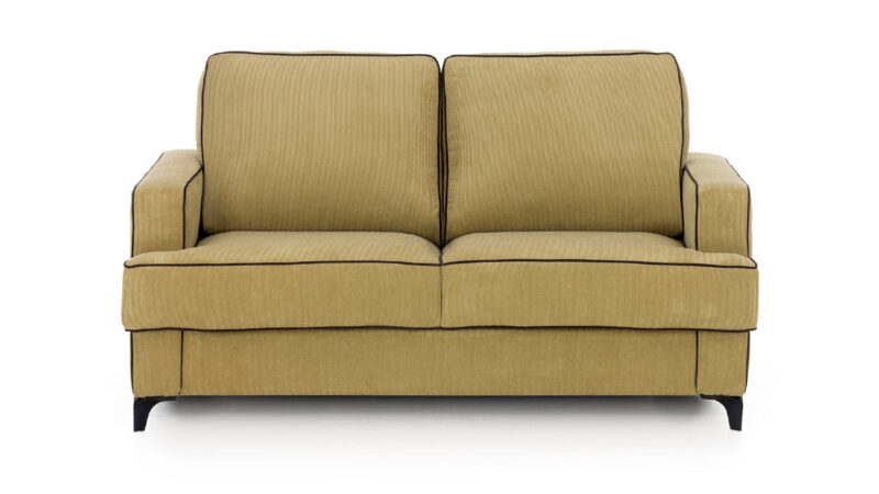 Sofá cama estilo Revival con apertura italiana fácil, colchón de alta densidad, diseño elegante y personalizable, disponible en varias medidas. Diseño frontal.