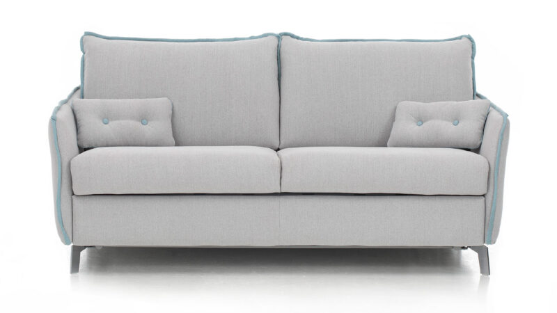 Sofá cama moderno con patas metálicas, colchón HR de 140x200 cm, fácil apertura y opción de colchón viscoelástico, diseño personalizable con tapicerías a elección. Diseño frontal.