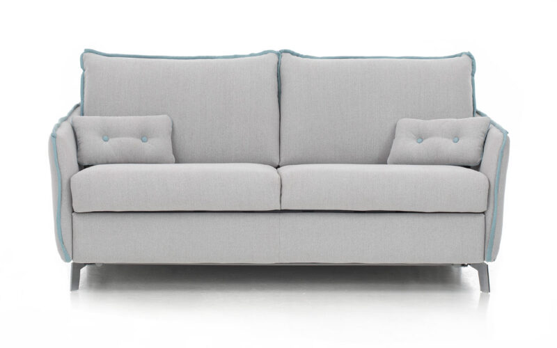 Sofá cama moderno con patas metálicas, colchón HR de 140x200 cm, fácil apertura y opción de colchón viscoelástico, diseño personalizable con tapicerías a elección. Diseño frontal.