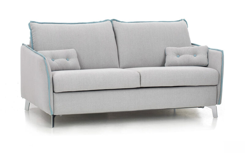 Sofá cama moderno con patas metálicas, colchón HR de 140x200 cm, fácil apertura y opción de colchón viscoelástico, diseño personalizable con tapicerías a elección. Diseño con perspectiva.