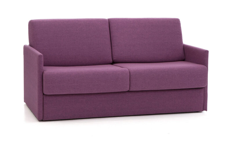 Sofá cama pequeño de 140x180 cm, colchón HR, látex, viscoelástico o muelles, diseño compacto, ideal para habitaciones pequeñas, fácil de abrir y guardar. Diseño con perspectiva.