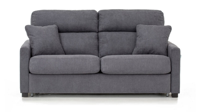 Sofá cama con respaldo alto y brazo estrecho, colchón HR de 140x190 cm, fácil de abrir sin quitar almohadones, ideal para habitaciones pequeñas y espacios reducidos. Diseño frontal.