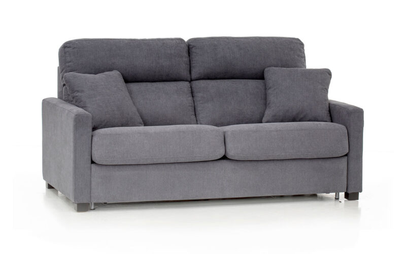 Sofá cama con respaldo alto y brazo estrecho, colchón HR de 140x190 cm, fácil de abrir sin quitar almohadones, ideal para habitaciones pequeñas y espacios reducidos. Diseño con perspectiva.