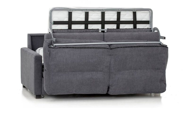 Sofá cama con respaldo alto y brazo estrecho, colchón HR de 140x190 cm, fácil de abrir sin quitar almohadones, ideal para habitaciones pequeñas y espacios reducidos. Diseño medio abierto.