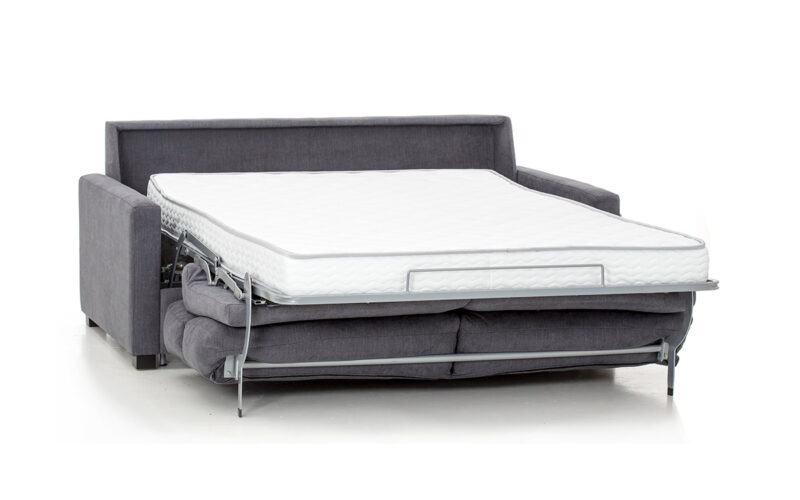 Sofá cama con respaldo alto y brazo estrecho, colchón HR de 140x190 cm, fácil de abrir sin quitar almohadones, ideal para habitaciones pequeñas y espacios reducidos. Diseño abierto.