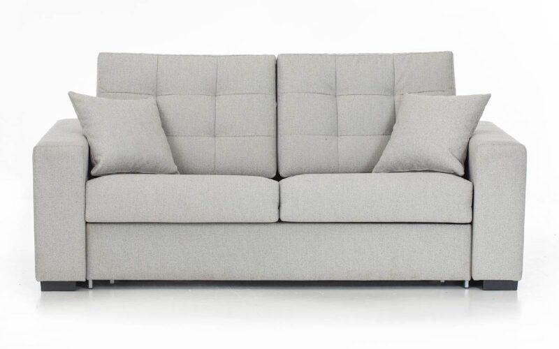 Sofá cama de matrimonio con respaldo capitoné, brazo recto, colchón de muelles o látex, apertura italiana fácil sin necesidad de quitar los cojines para convertirlo en cama. Diseño frontal.